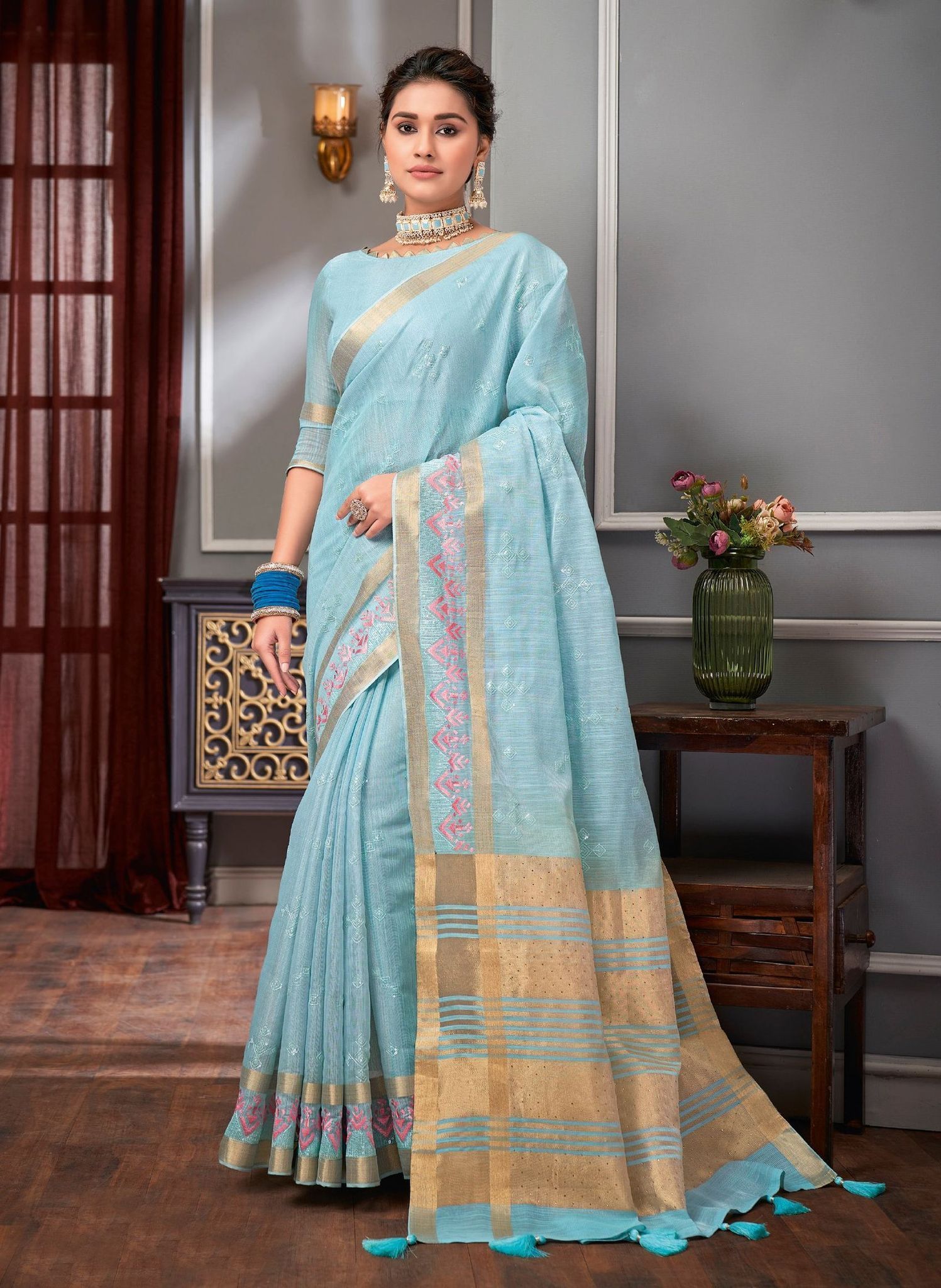 Sky Blue Color Linen Tassar Silk Saree With Border And Fancy Running Blouse Piece