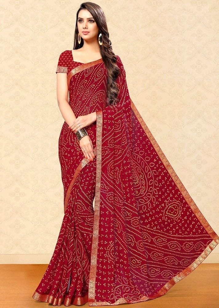 Crimson Red Bandani Print Chiffon Saree