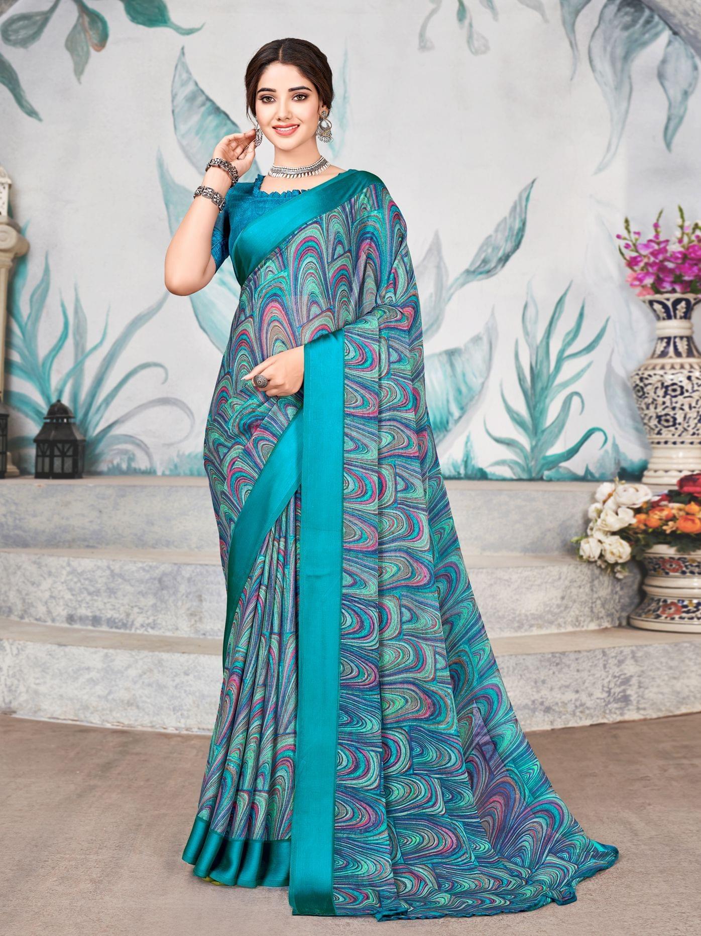 Multicolor Chiffon Printed Saree with Fancy Border And Ramaa Fancy Printed Blouse Material.