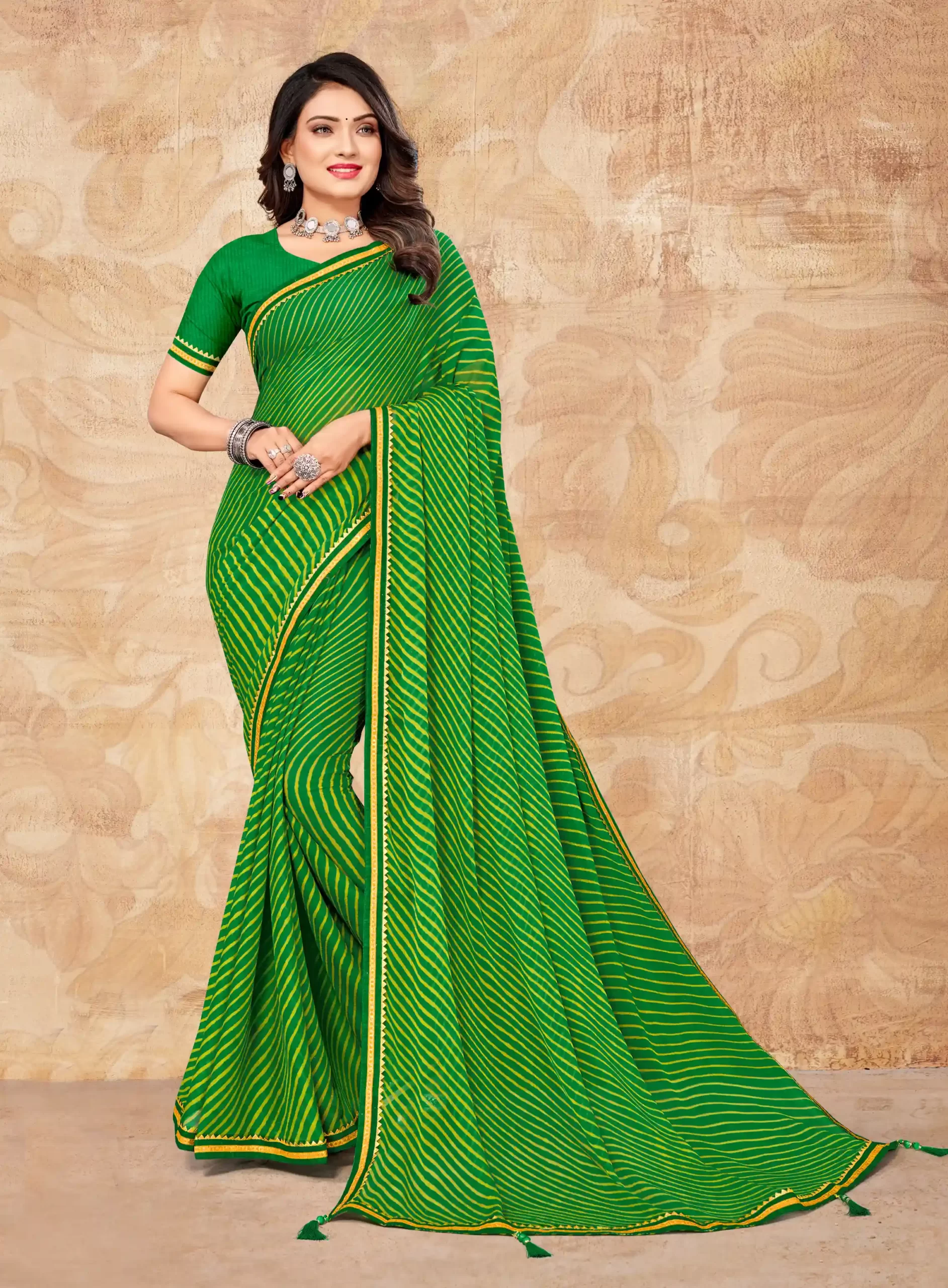 Green Chiffon Printed Saree With Attached Zari Woven Border Tassal Pallu And Green Fancy Printed Blouse Material , Daily Wear.