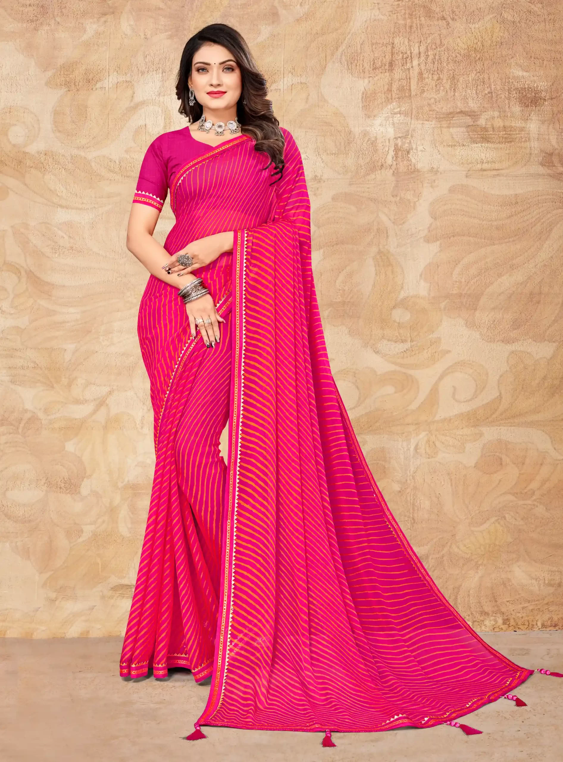Pink Chiffon Printed Saree With Attached Zari Woven Border Tassal Pallu And Pink Fancy Printed Blouse Material , Daily Wear.