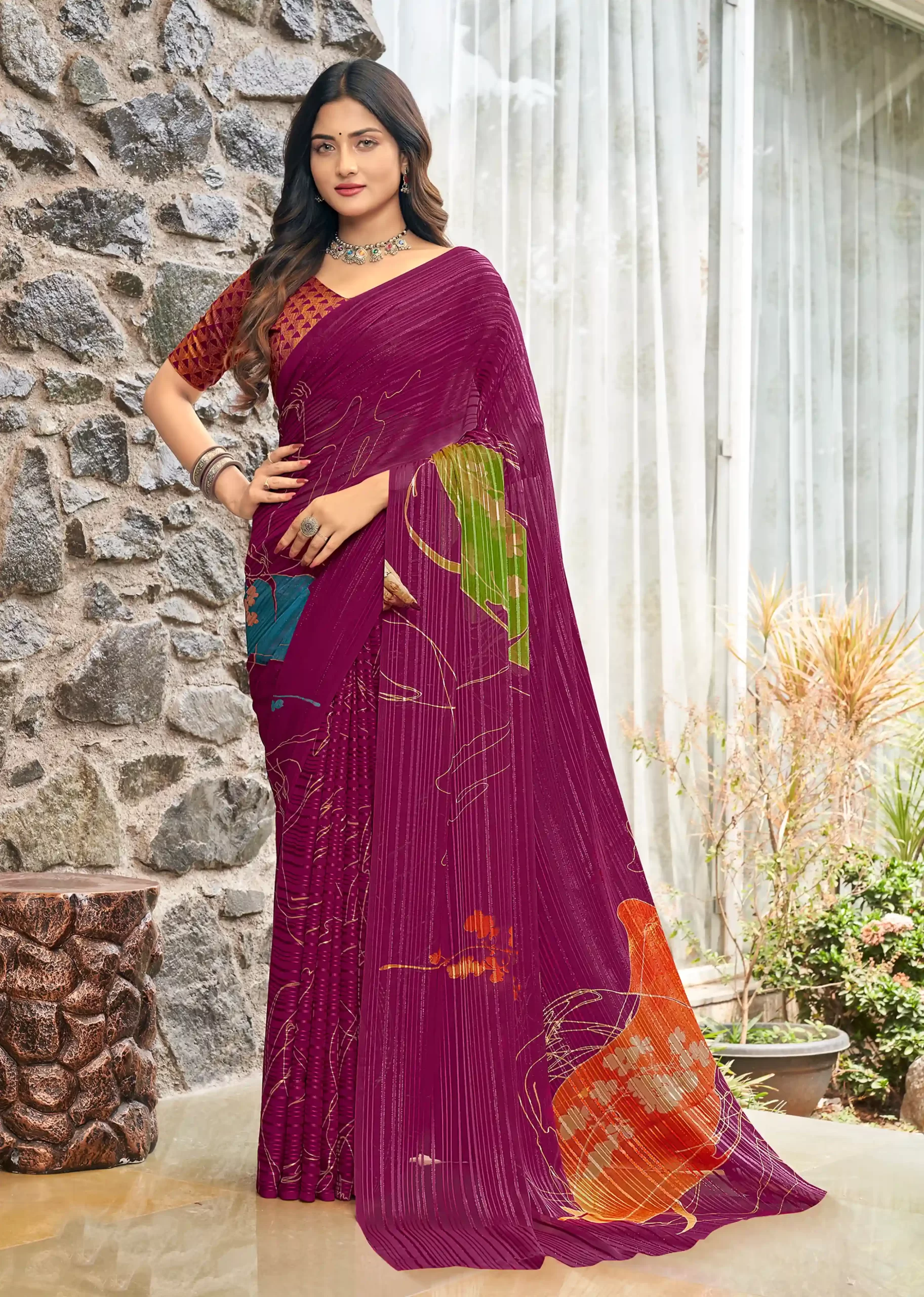 Light Wine Ethnic Printed Stripe SATIN SAREES And Orange Fancy Printed Blouse Material.