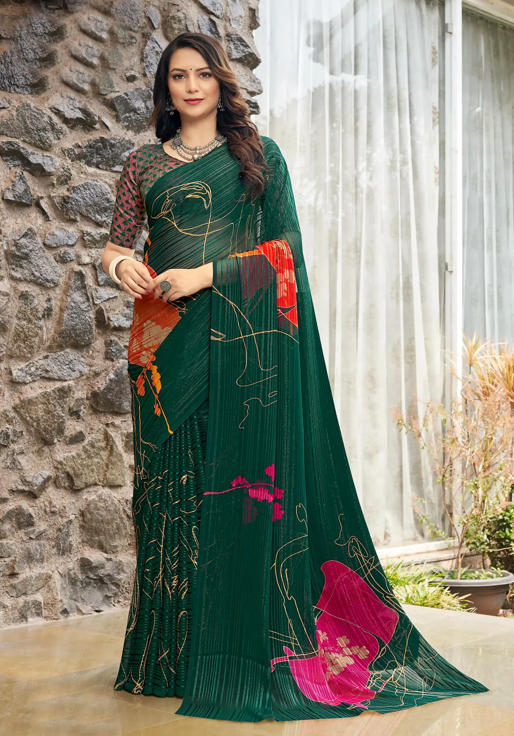 Green Ethnic Printed Stripe SATIN SAREES And Pink Fancy Printed Blouse Material.