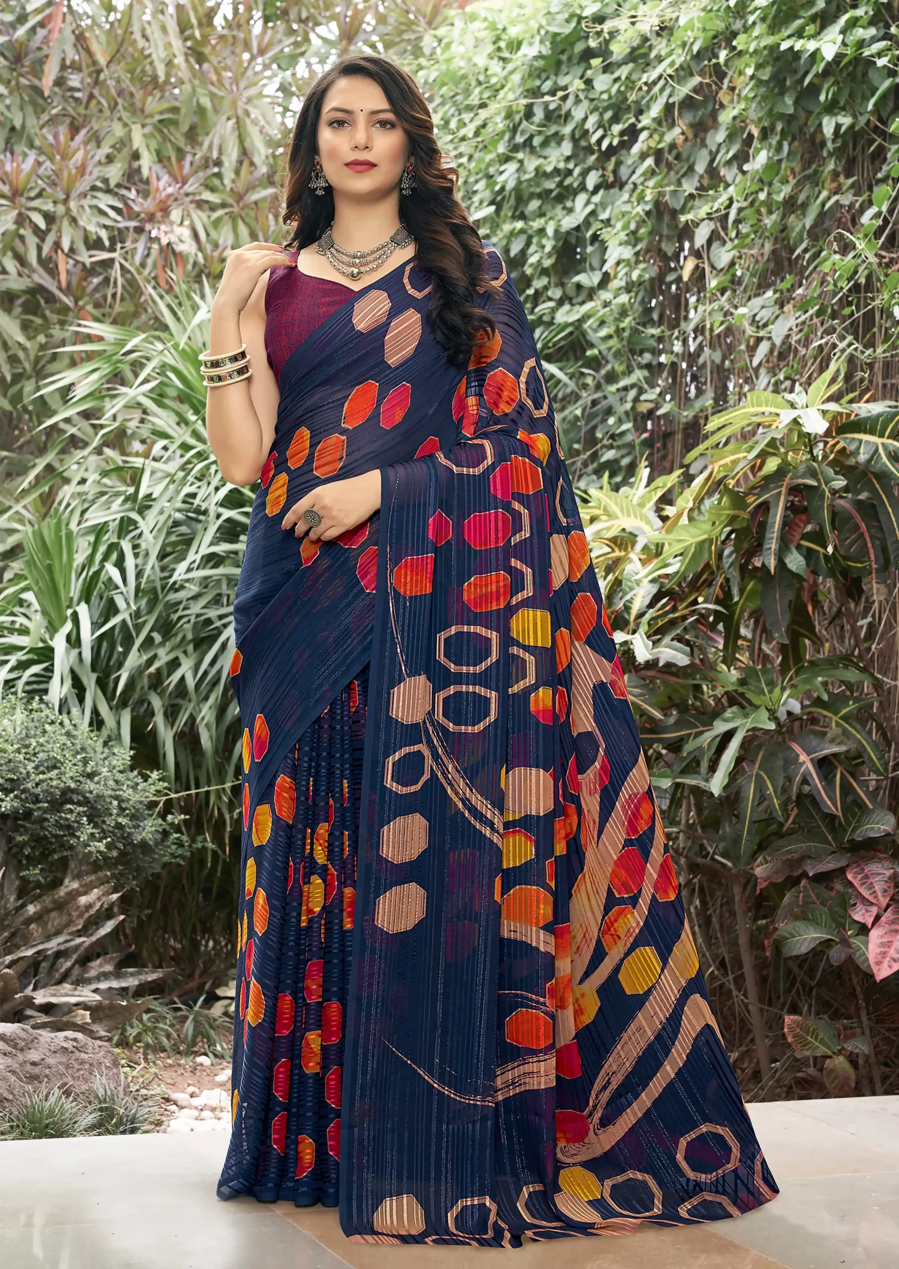 Navy Blue Ethnic Printed Stripe SATIN SAREES And Maroon Fancy Printed Blouse Material.