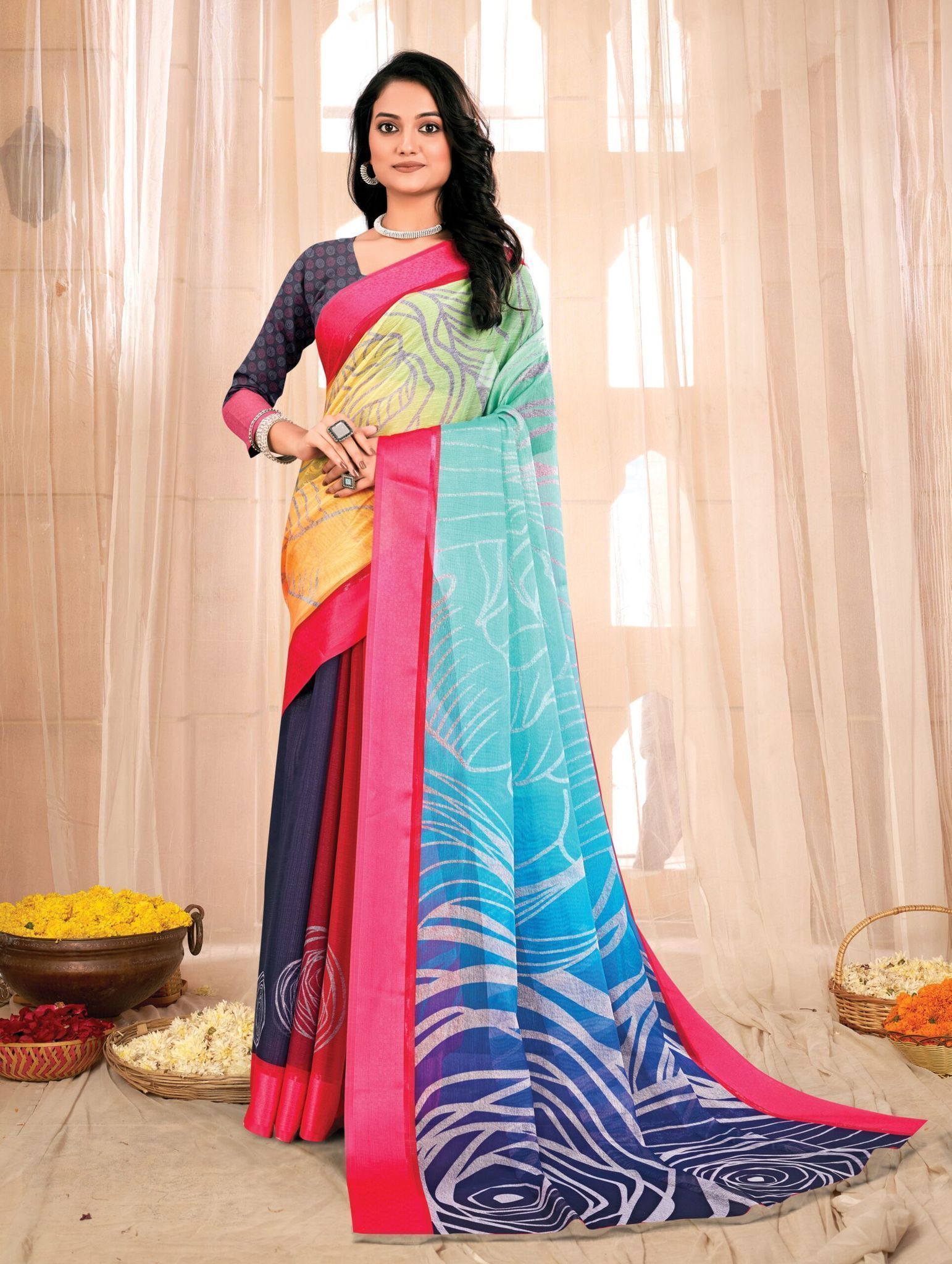 Turquoise Color Digital Print Chanderi Silk Saree With Fancy Border And Fancy Digital Print Blouse Piece