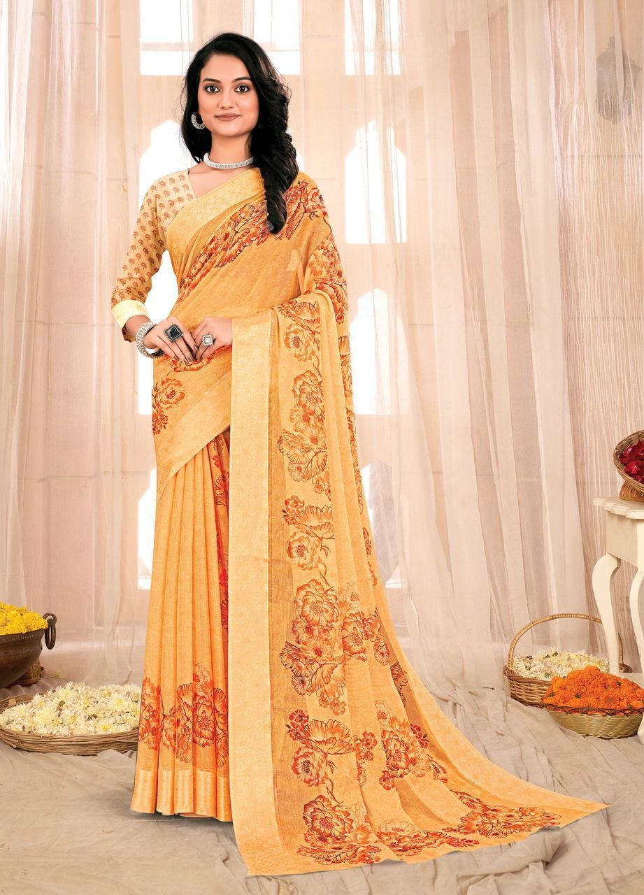 Beige Color Digital Print Chanderi Silk Saree With Fancy Border And Fancy Digital Print Blouse Piece