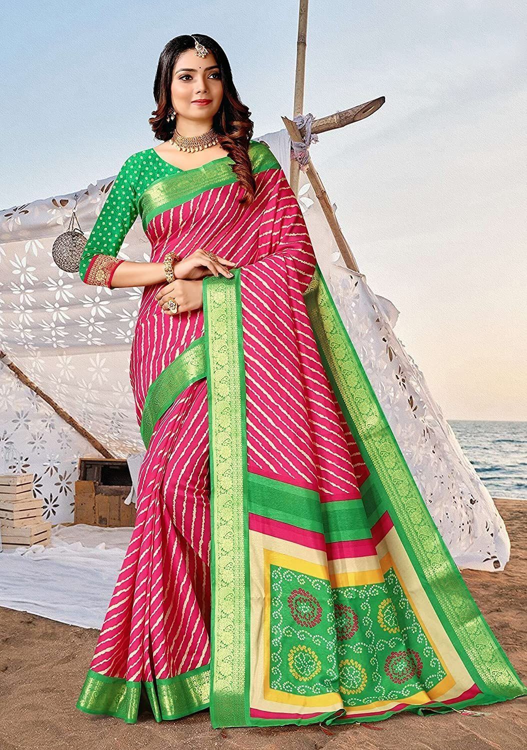 Vipul Pink Gorgeous Party Wear Beautiful Leheriya Print SILK SAREES With Woven Border Tassal Pallu And Green Fancy Woven Blouse Material .