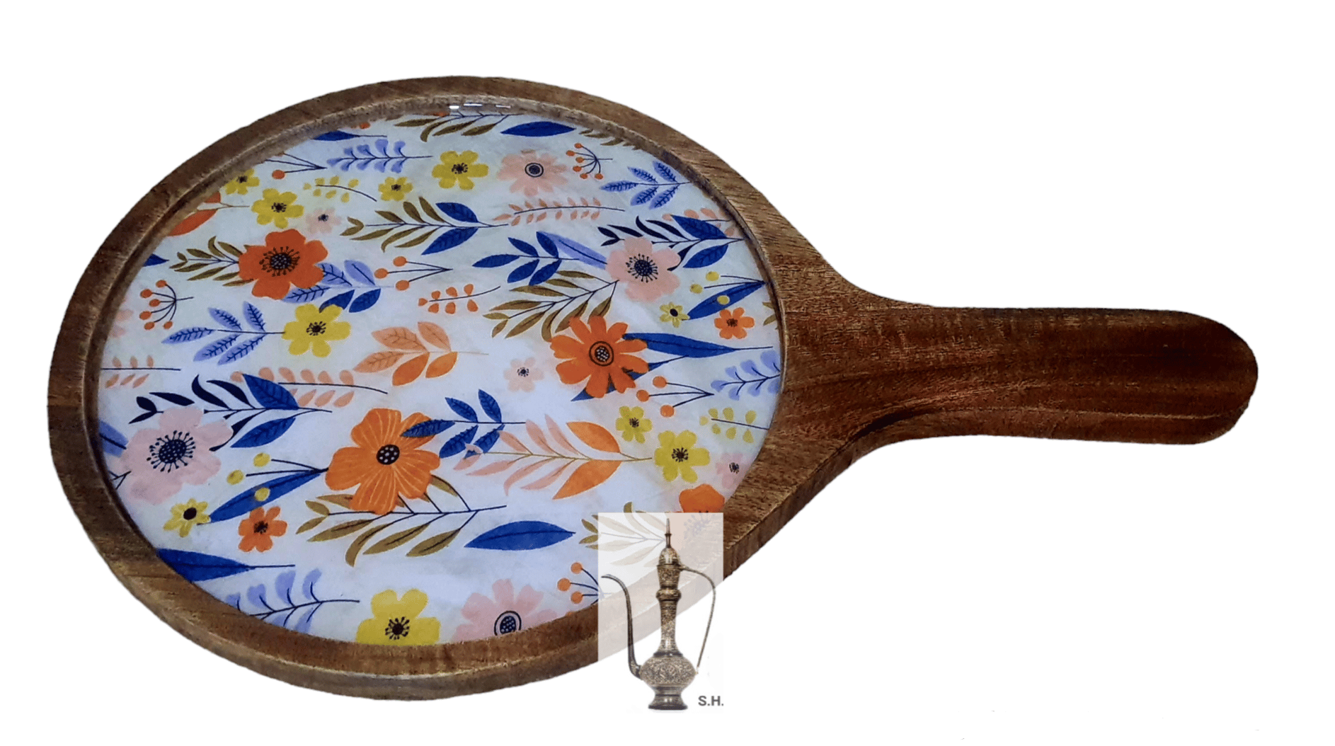 Sara Home Mango Wood Serving Pizza  Platter/Chipdip/Dosa/Chees/Snacks Tray Printed Enamel Serving Platter with Handle Appetizer Plate Serving Platter