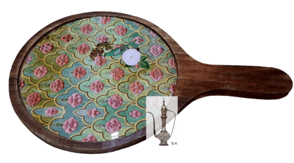 Sara Home Mango Wood Serving Pizza Platter/Chipdip/Dosa/Chees/Snacks Tray Printed Enamel Serving Platter with Handle Appetizer Plate Serving Platter