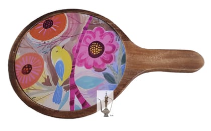 Sara Home Mango Wood Serving Pizza Platter/Chipdip/Dosa/Chees/Snacks Tray Printed Enamel Serving Platter with Handle Appetizer Plate Serving Platter