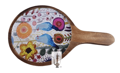Sara Home Mango Wood Serving Pizza Platter/Chipdip/Dosa/Chees/Snacks Tray Printed Enamel Serving Platter with Handle Appetizer Plate Serving Platter