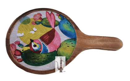 Sara Home Mango Wood Serving Pizza Platter/Chipdip/Dosa/Chees/Snacks Tray Printed Enamel Serving Platter with Handle Appetizer Plate Serving Platter