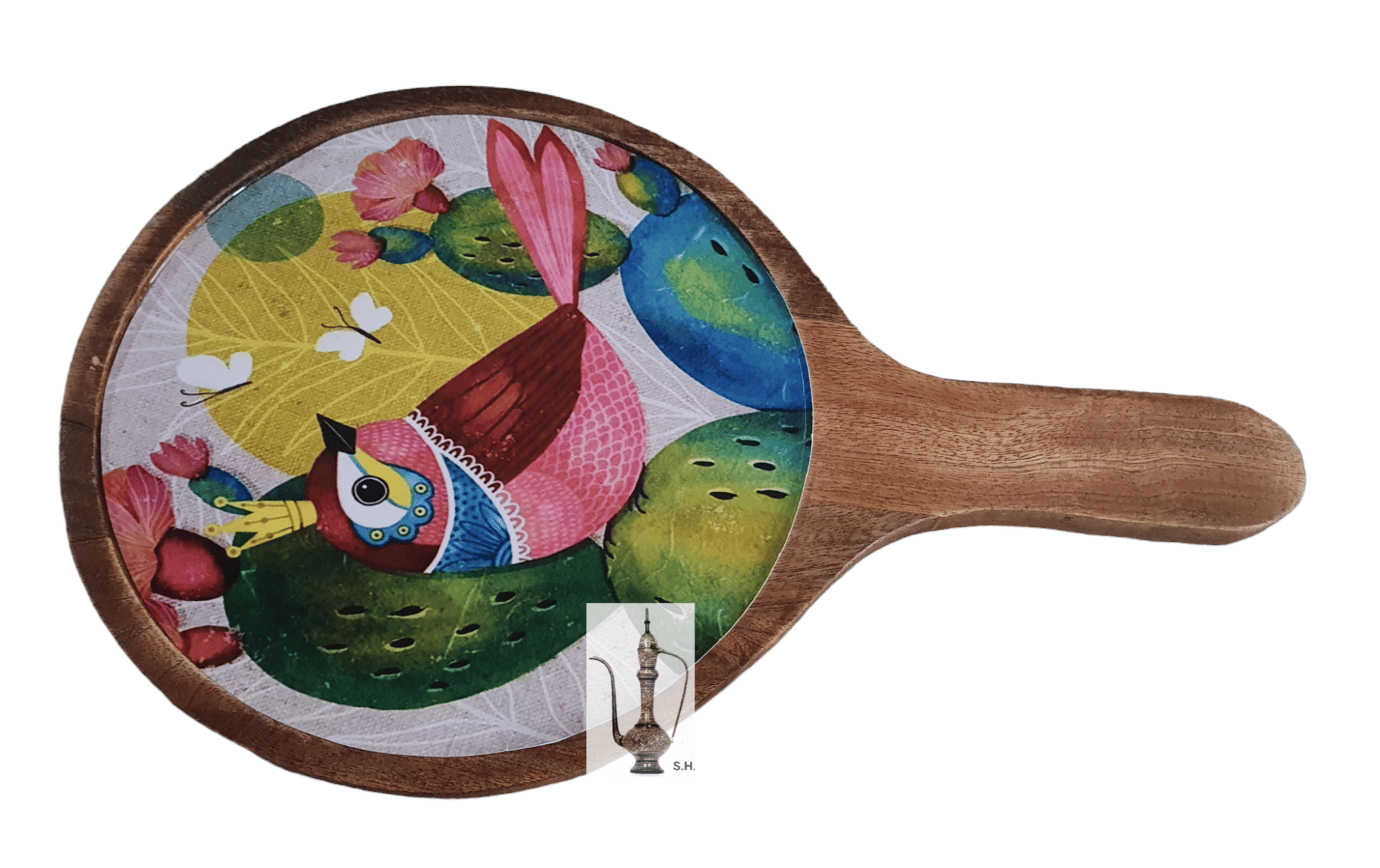 Sara Home Mango Wood Serving Pizza Platter/Chipdip/Dosa/Chees/Snacks Tray Printed Enamel Serving Platter with Handle Appetizer Plate Serving Platter