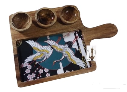 Sara Home Mango Wood Serving Chipdip/Dosa/Chees/Snacks Tray Printed Enamel Serving Platter with Handle Appetizer Plate Serving Platter With 3 Bowls