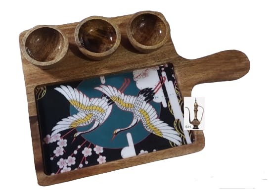 Sara Home Mango Wood Serving Chipdip/Dosa/Chees/Snacks Tray Printed Enamel Serving Platter with Handle Appetizer Plate Serving Platter With 3 Bowls