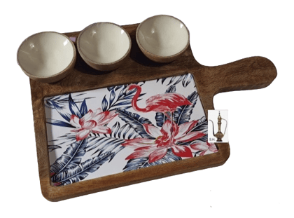 Sara Home Mango Wood Serving Chipdip/Dosa/Chees/Snacks Tray Printed Enamel Serving Platter with Handle Appetizer Plate Serving Platter With 3 Bowls