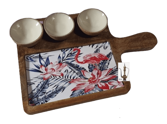 Sara Home Mango Wood Serving Chipdip/Dosa/Chees/Snacks Tray Printed Enamel Serving Platter with Handle Appetizer Plate Serving Platter With 3 Bowls