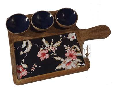 Sara Home Mango Wood Serving Chipdip/Dosa/Chees/Snacks Tray Printed Enamel Serving Platter with Handle Appetizer Plate Serving Platter With 3 Bowls