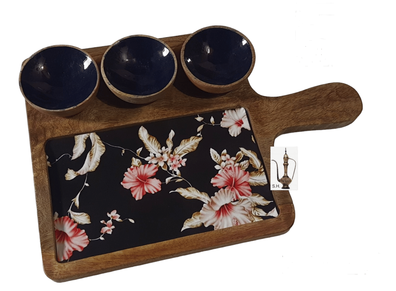 Sara Home Mango Wood Serving Chipdip/Dosa/Chees/Snacks Tray Printed Enamel Serving Platter with Handle Appetizer Plate Serving Platter With 3 Bowls