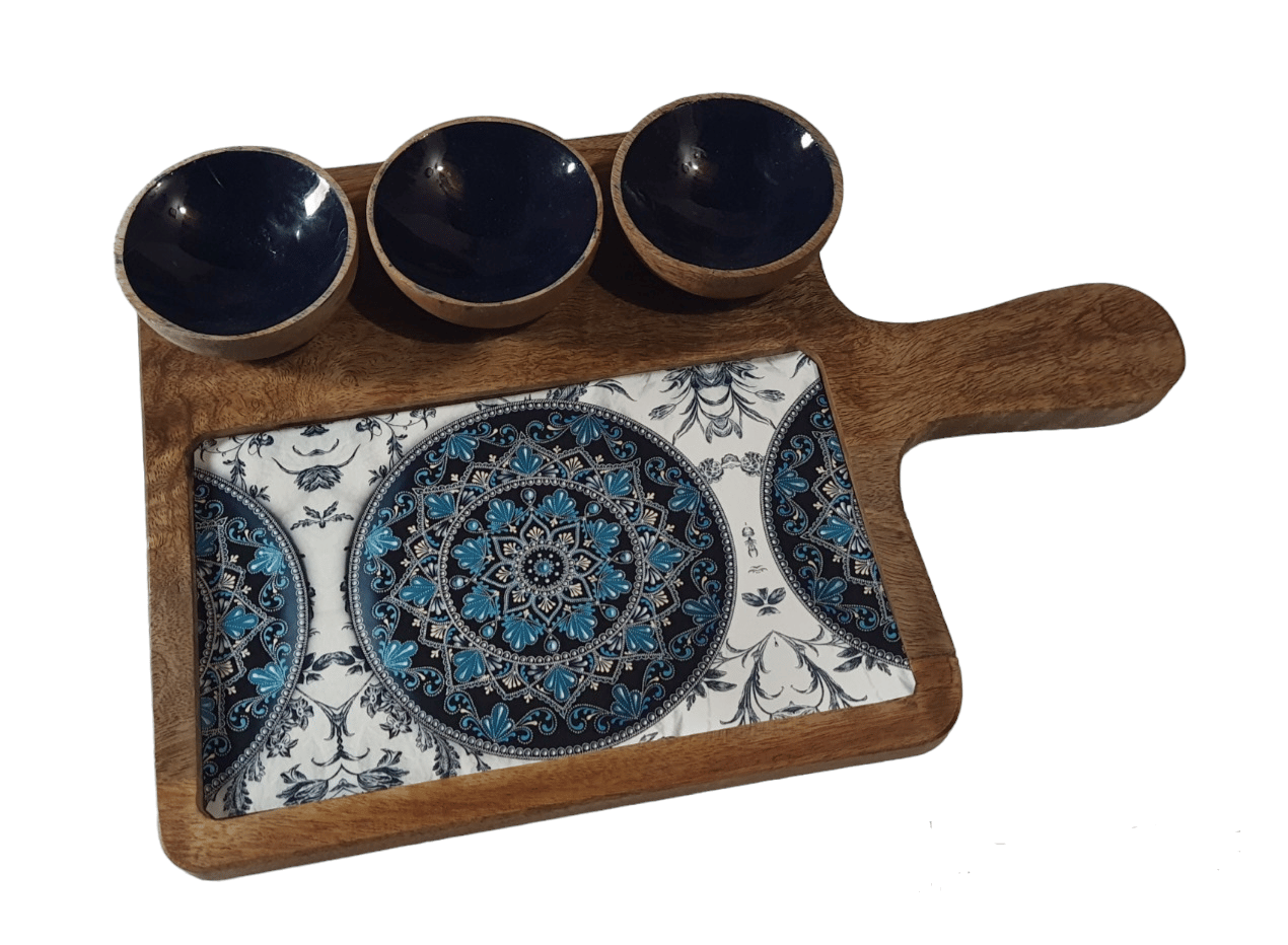 Sara Home Mango Wood Serving Chipdip/Dosa/Chees/Snacks Tray Printed Enamel Serving Platter with Handle Appetizer Plate Serving Platter With 3 Bowls