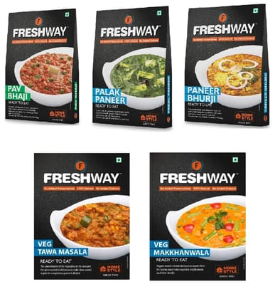 Freshway Ready To Eat Combo Palak Paneer, Paneer Bhurji, Pav Bhaji, Tawa Masala, Makkhanwala Freshway Ready To Eat Combo Palak Paneer, Paneer Bhurji, Pav Bhaji, Tawa Masala, Makkhanwala