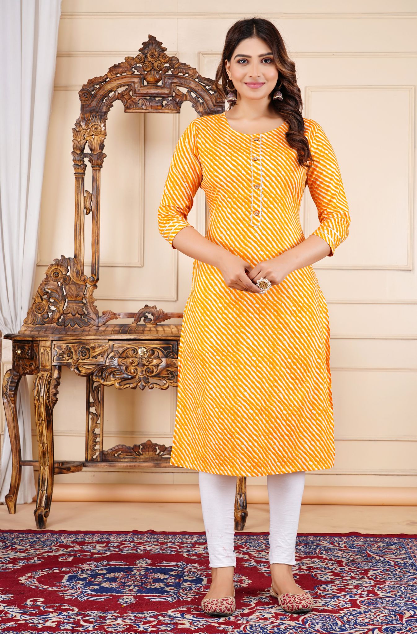 Trending Cotton Yellow Leheriya Printed Straight Kurti with One Side Pocket