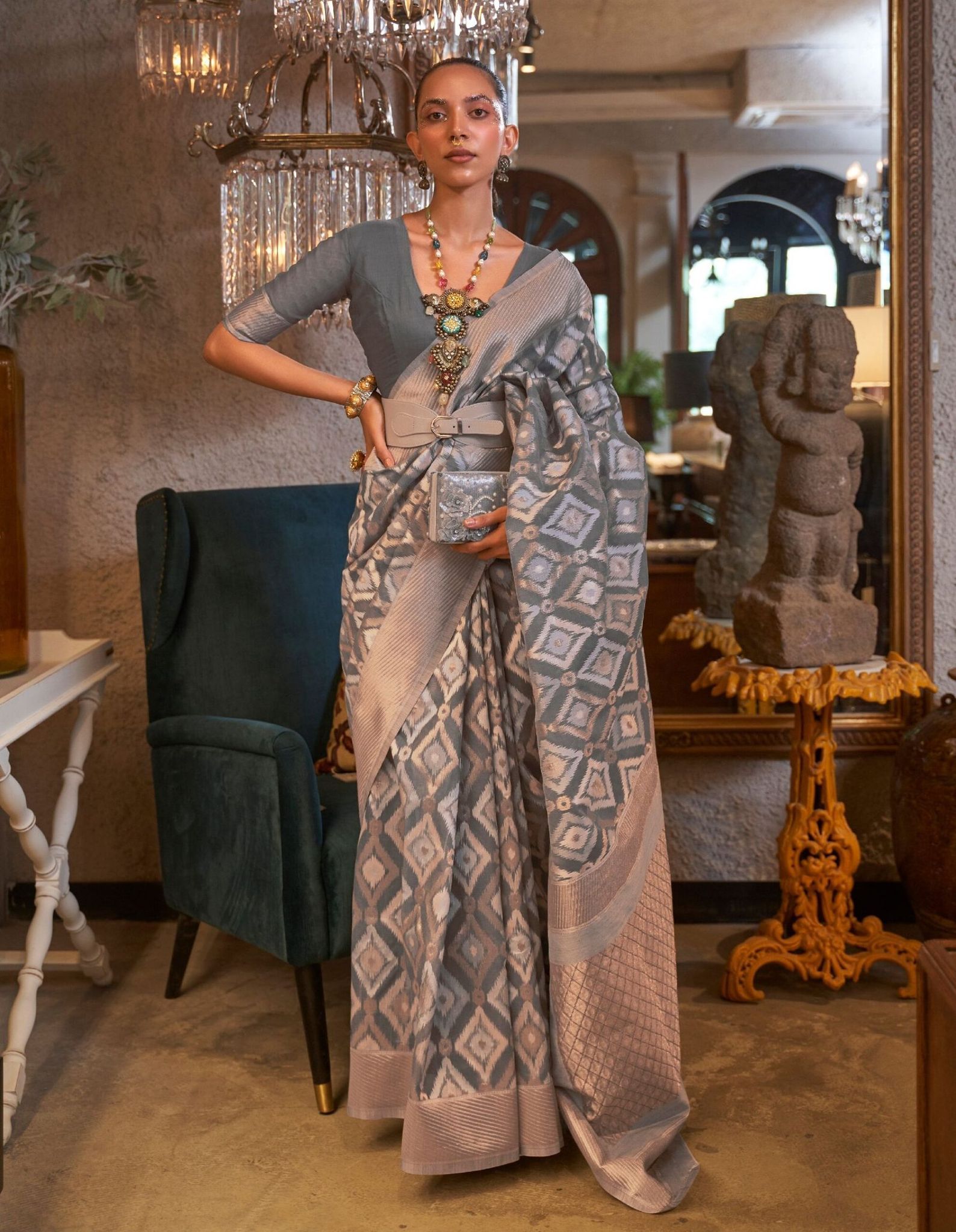 Grey Color Linen Fabric Handloom Woven Saree Border And Fancy Blouse Piece