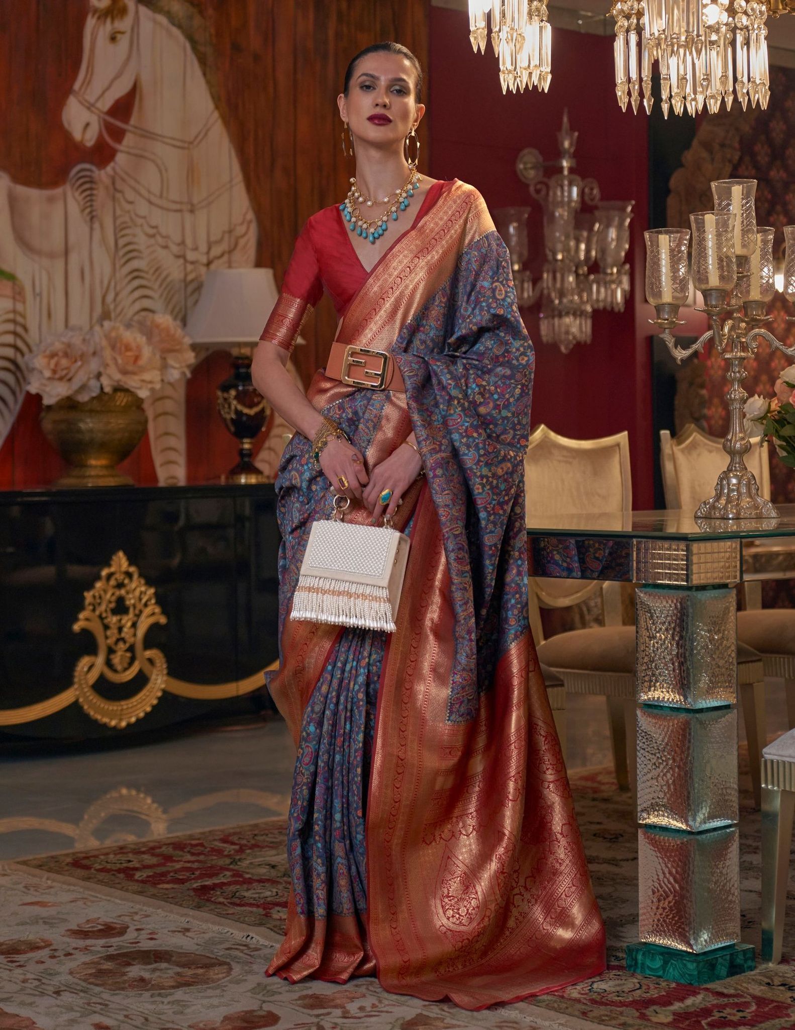 Multicolor Kashmiri Print Woven Silk Saree And Woven Blouse Piece