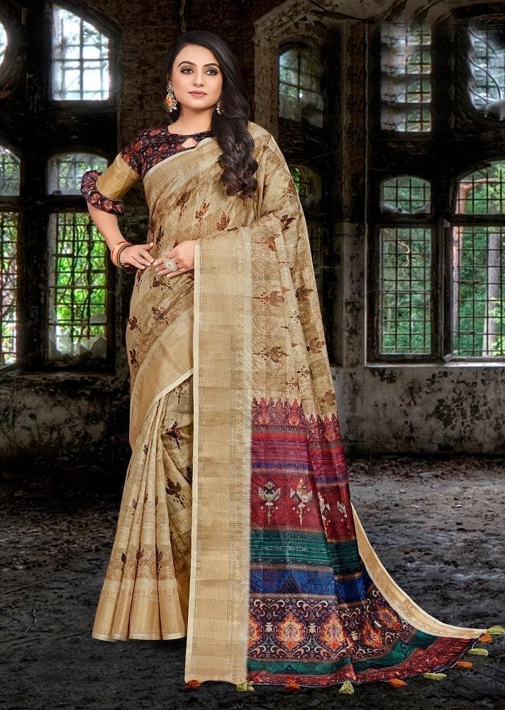 Digital Printed Cotton Silk Saree in Beige