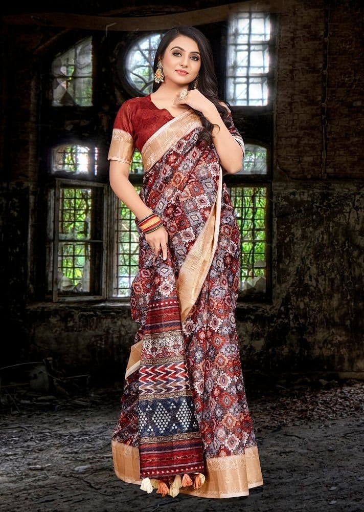 Digital Printed Cotton Silk Saree in Multicolor