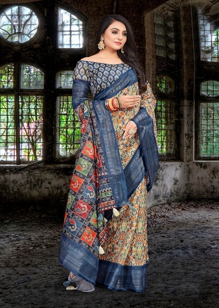 Digital Printed Cotton Silk Saree in Beige and Multicolor