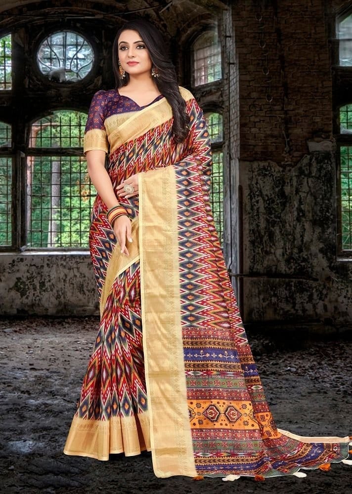 Digital Printed Cotton Silk Saree in Multicolor