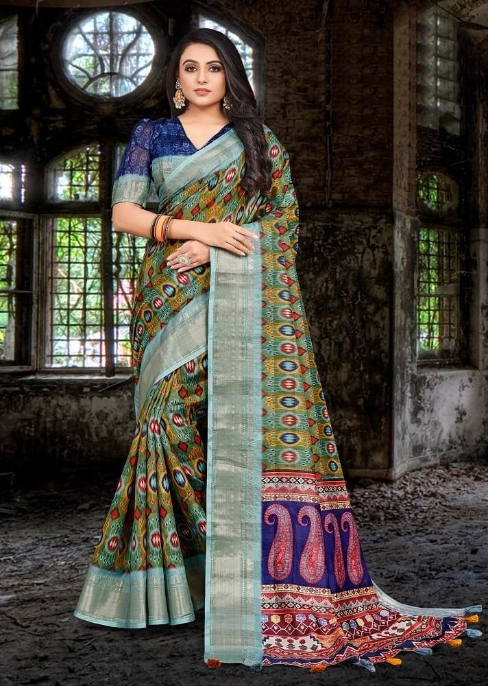 Digital Printed Cotton Silk Saree in Sea Green and Multicolor