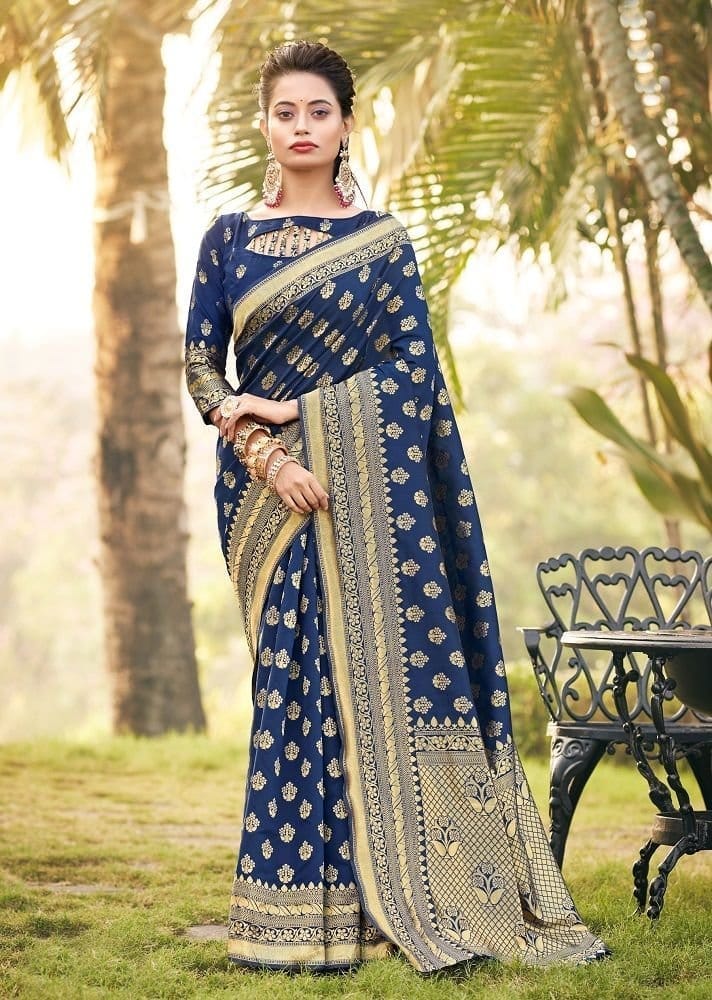 Woven Art Silk Saree in Navy Blue