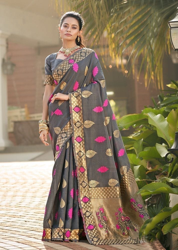 Woven Art Silk Saree in Charcoal Black