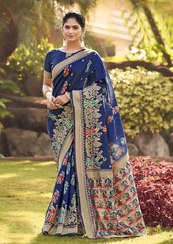 Woven Art Silk Saree in Navy Blue