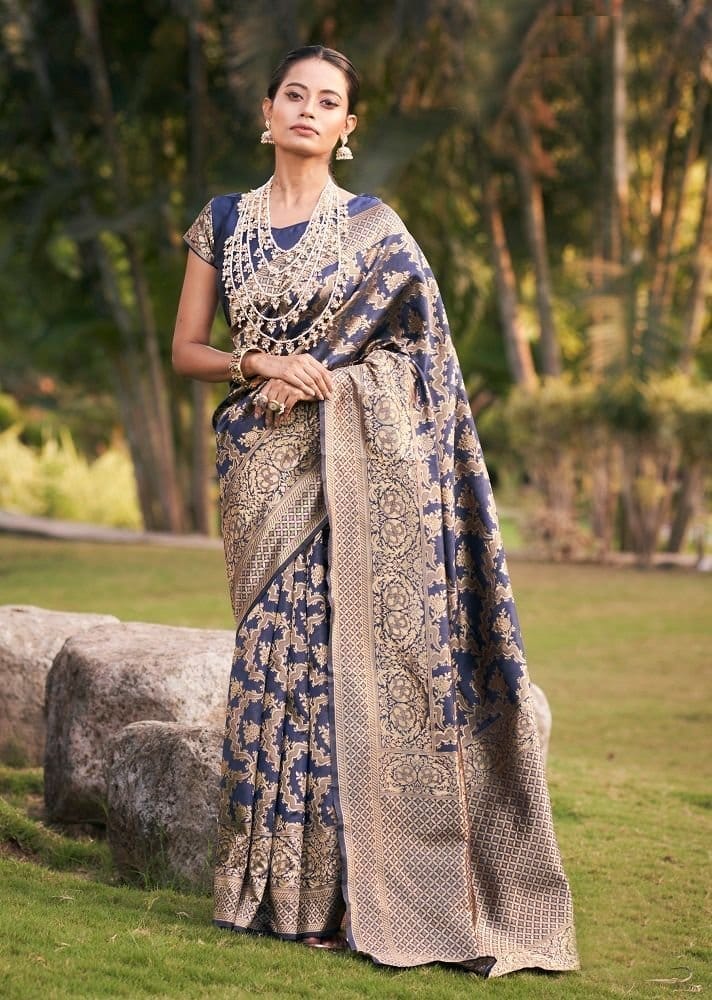 Woven Art Silk Saree in Navy Blue