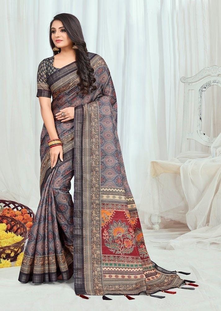 Digital Printed Cotton Silk Saree in Charcoal Black