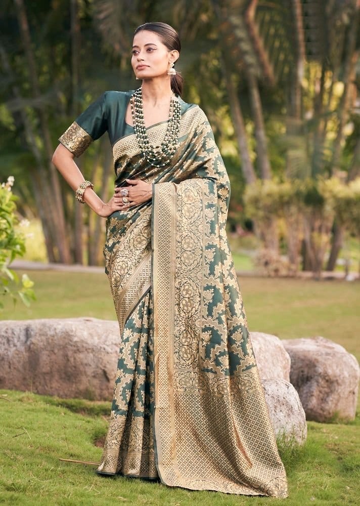 Woven Art Silk Saree in Dark Dusty Green