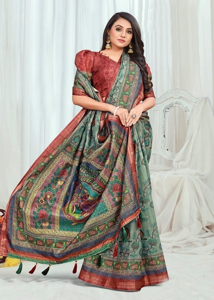 Digital Printed Cotton Silk Saree in Dusty Green and Multicolor