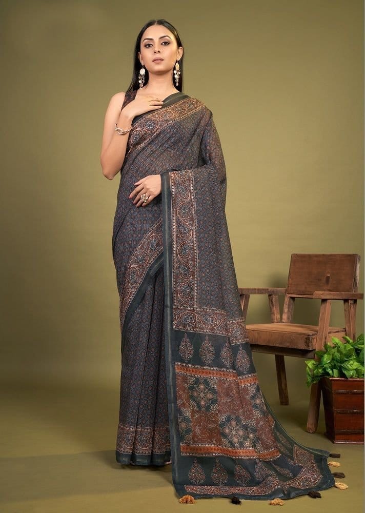 Ajrakh Printed Cotton Saree in Charcoal Black