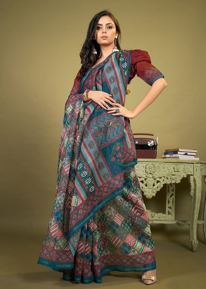 Digital Printed Cotton Saree in Multicolor