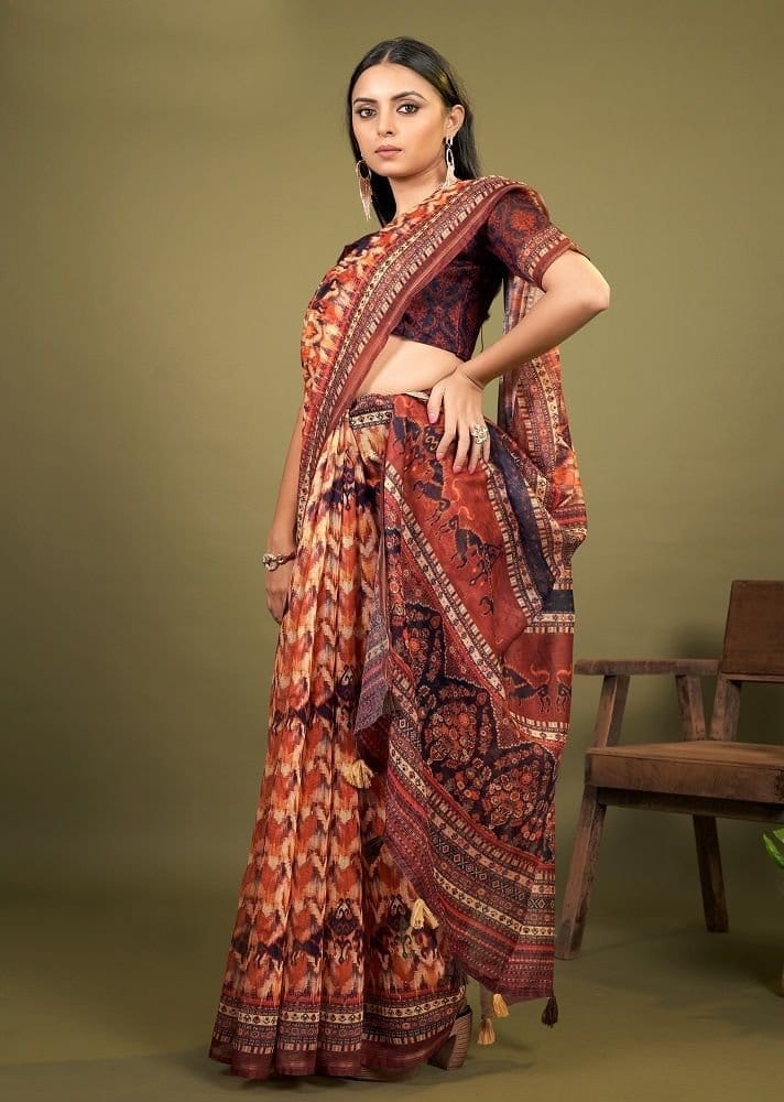 Digital Printed Cotton Saree in Multicolor