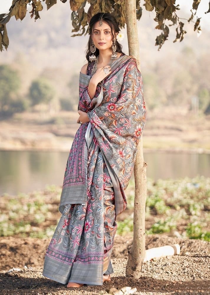 Digital Printed Cotton Saree in Grey