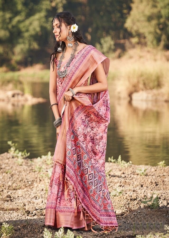 Digital Printed Cotton Saree in Pink