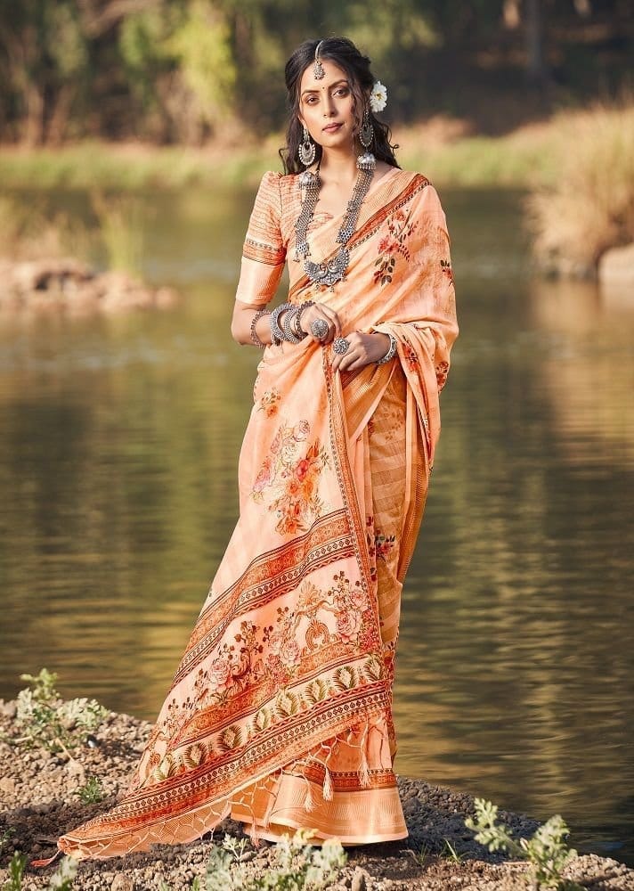 Digital Printed Cotton Saree in Orange