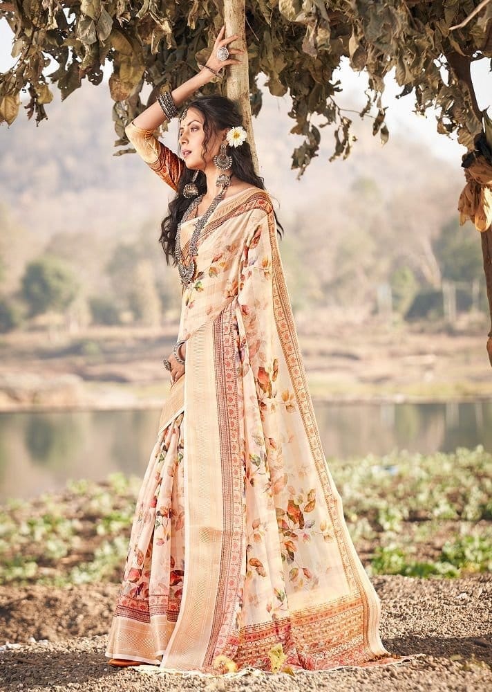 Digital Printed Cotton Saree in Light Yellow