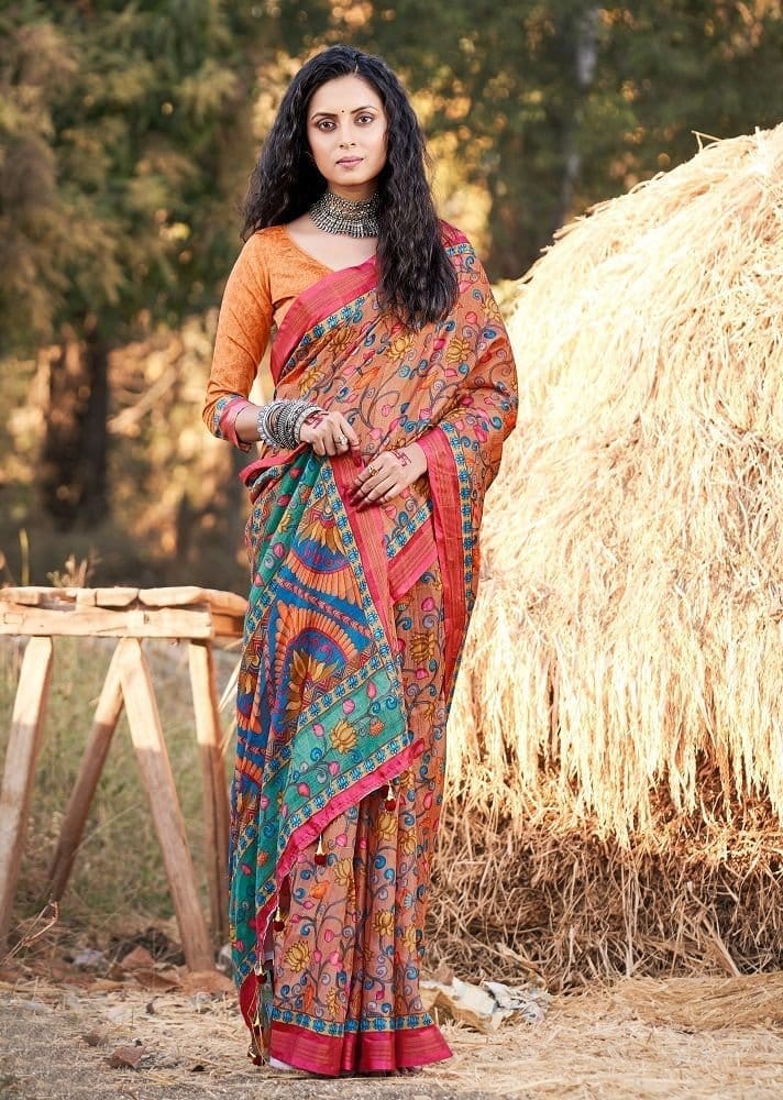 Digital Printed Cotton Saree in Orange