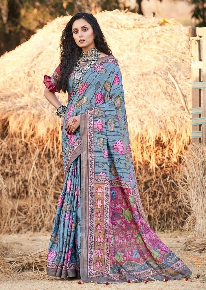 Digital Printed Cotton Saree in Grey