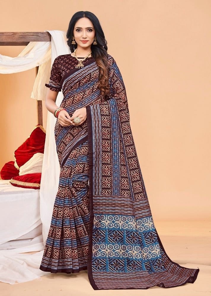 Batik Printed Chanderi Cotton Saree in Maroon